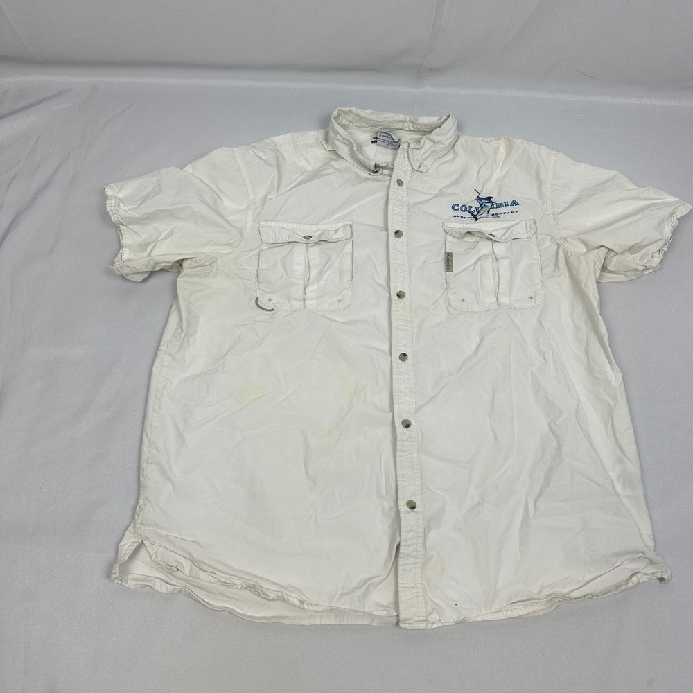 Columbia PFG Fishing Shirt XXL White Short Sleeve Vented Button-Up Marlin Logo
